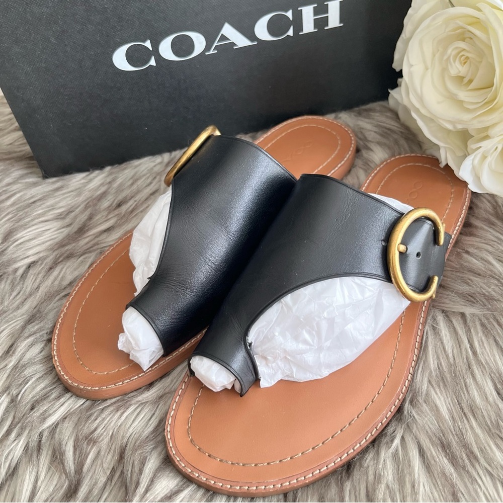 COACH Black Leather Sandals with Gold Buckle